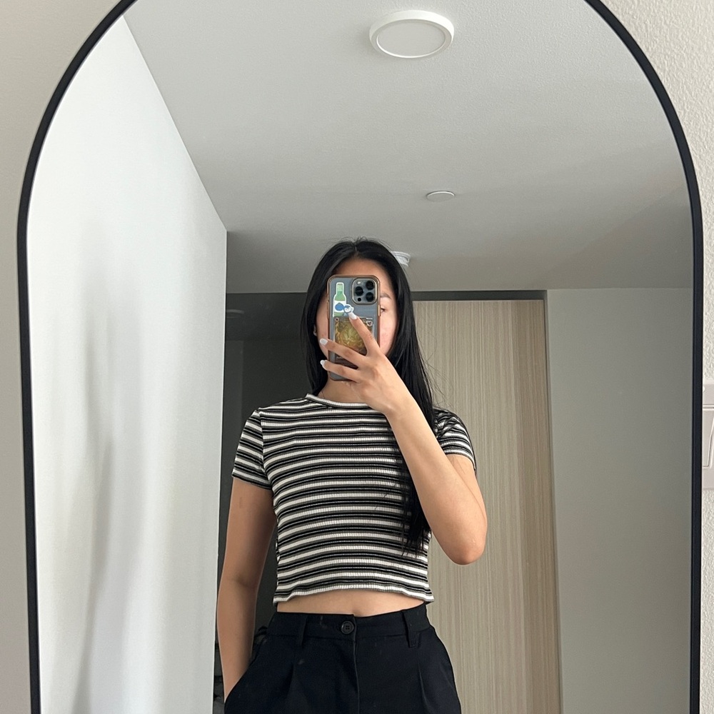Striped Black, White and Military Green Crop Top